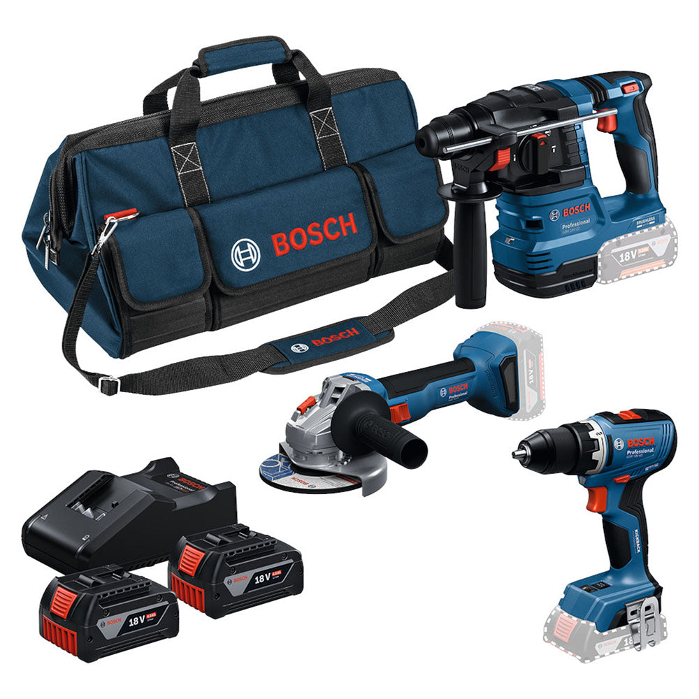 Combo Bosch de Amoladora GWS 18V-8, Atornillador GSR 18V-65 y Martillo GBH 18V-22